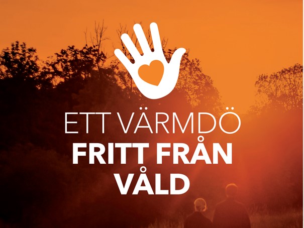 Orange bild med människor och träd samt en stopphand.