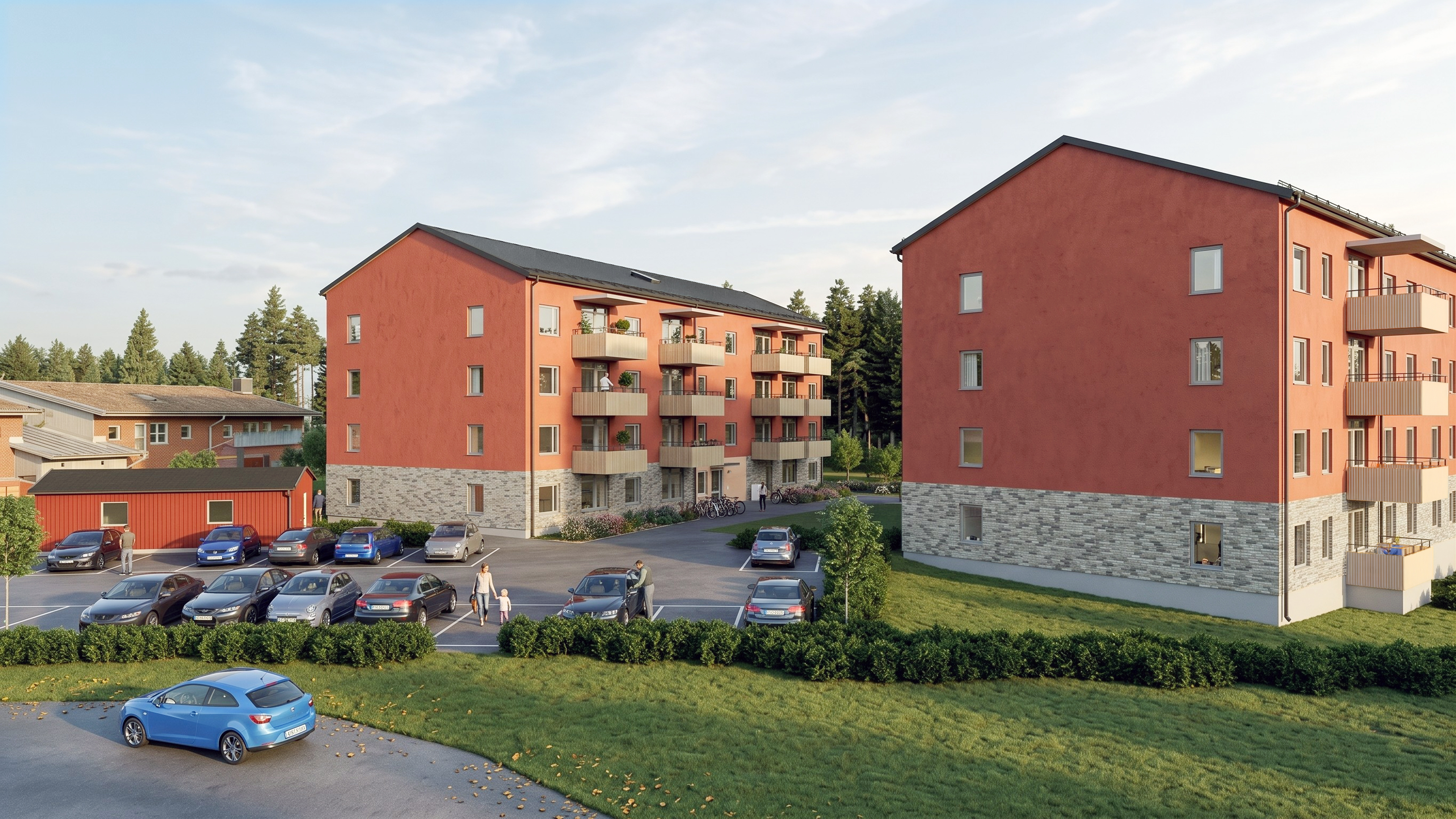 Illustration av två nyproducerade lamellhus med parkering framför