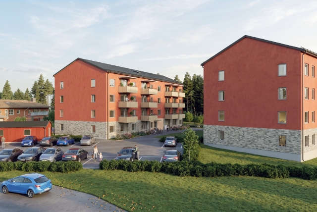 Illustration av två nyproducerade lamellhus med parkering framför